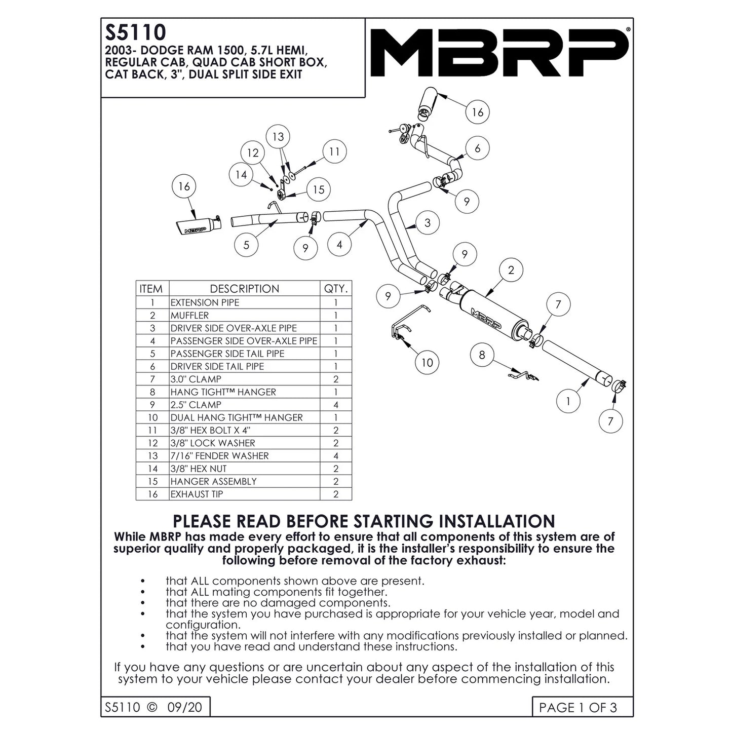 MBRP 2003 Dodge Ram Hemi 1500 5.7L SC/CC-SB Cat Back Dual Split Side