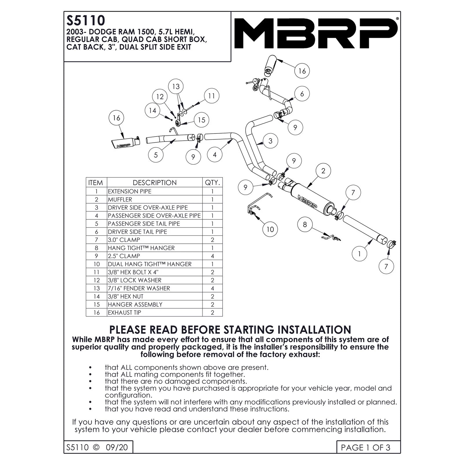 MBRP 2003 Dodge Ram Hemi 1500 5.7L SC/CC-SB Cat Back Dual Split Side