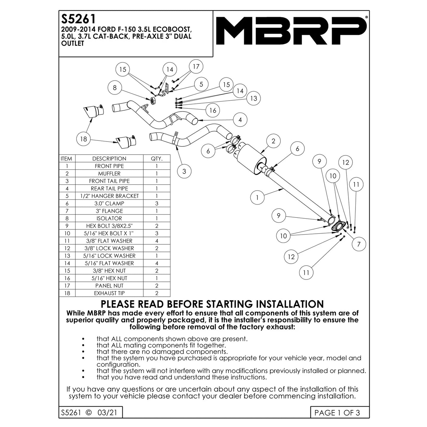 MBRP 09-14 Ford F150 T304 Pre-Axle 4.5in OD Tips Dual Outlet 3in Cat Back Exhaust
