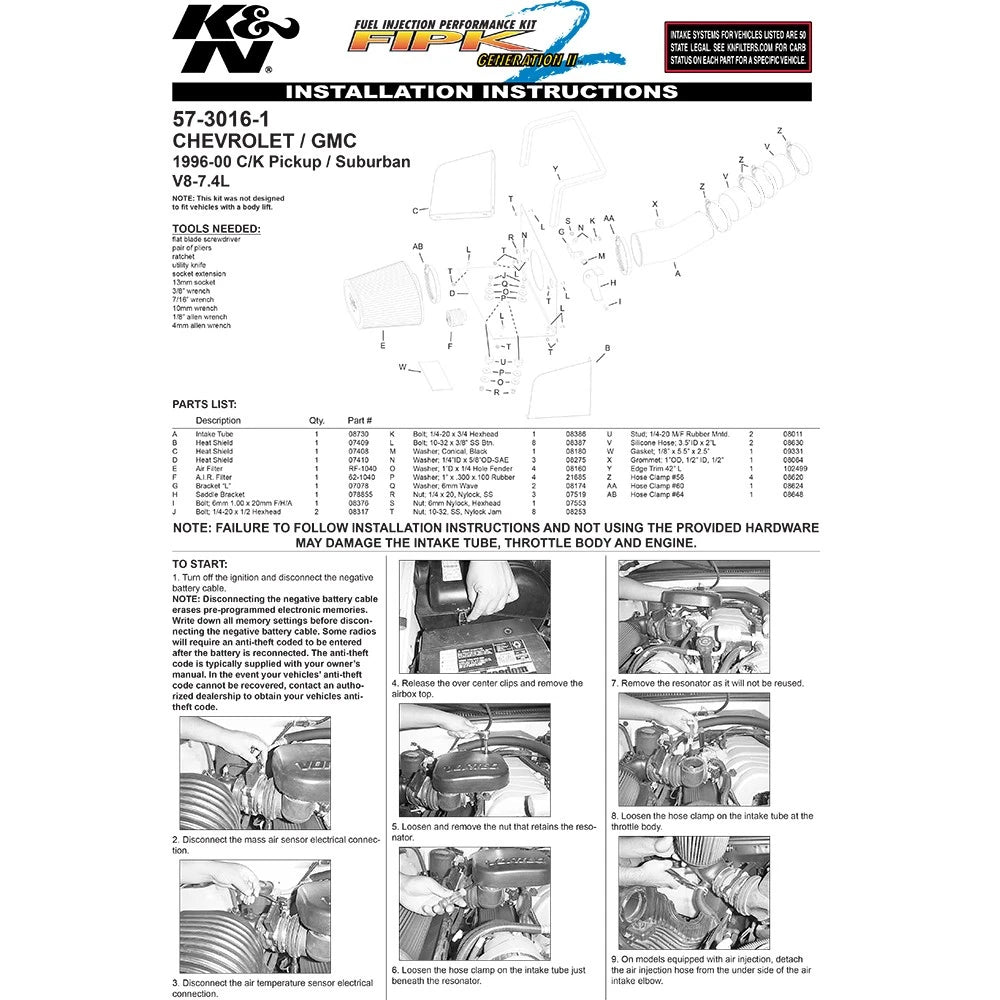 K&N 96-00 Chevy/GMC PickUp V8-7.4L Performance Intake Kit