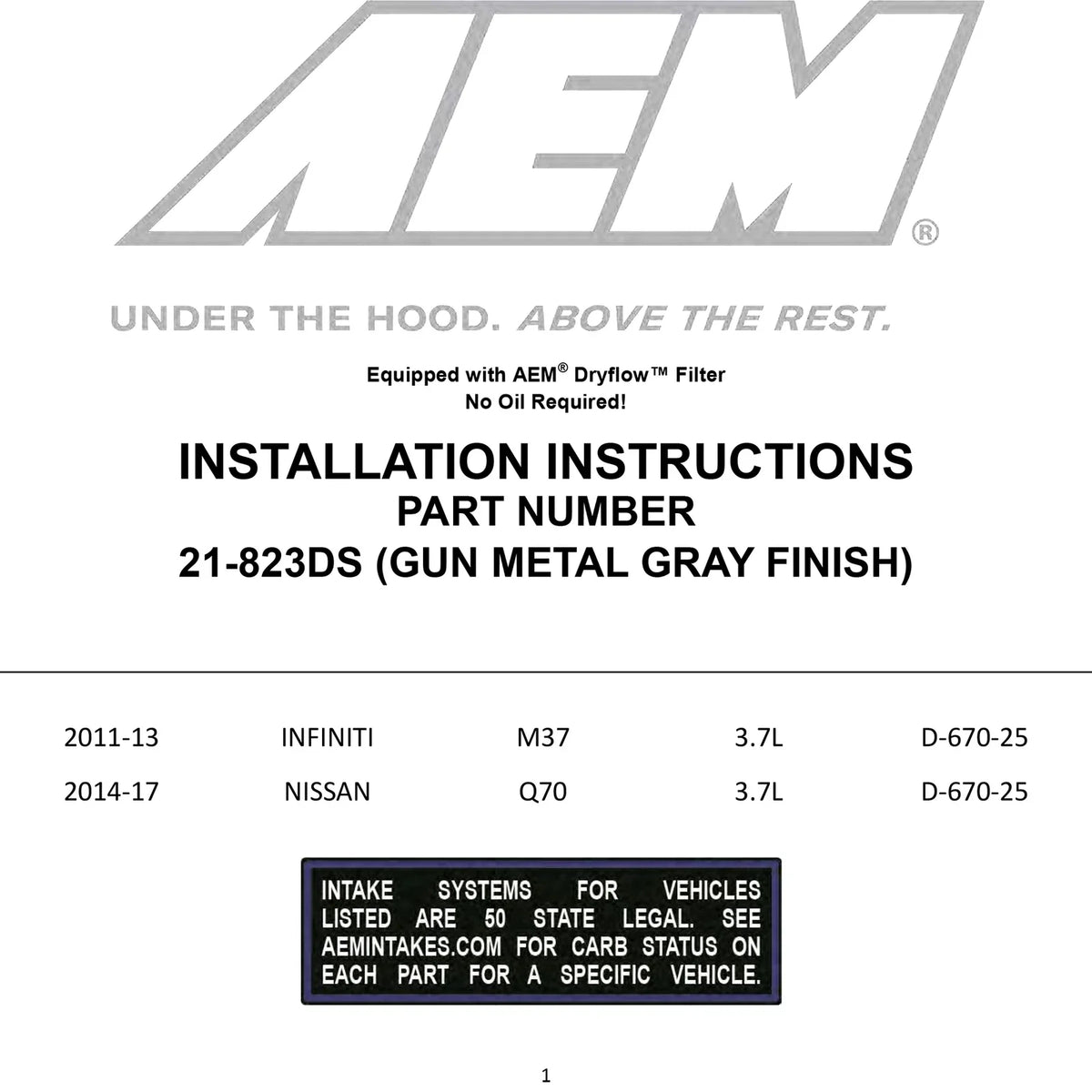 AEM 14-17 C.A.S Infinity Q70 V6-3.7L F/I Cold Air Intake