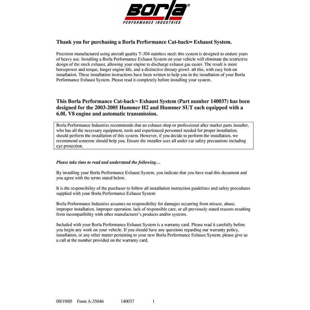 Borla 03-06 Hummer H2 6.0L 8cyl SS Catback Exhaust