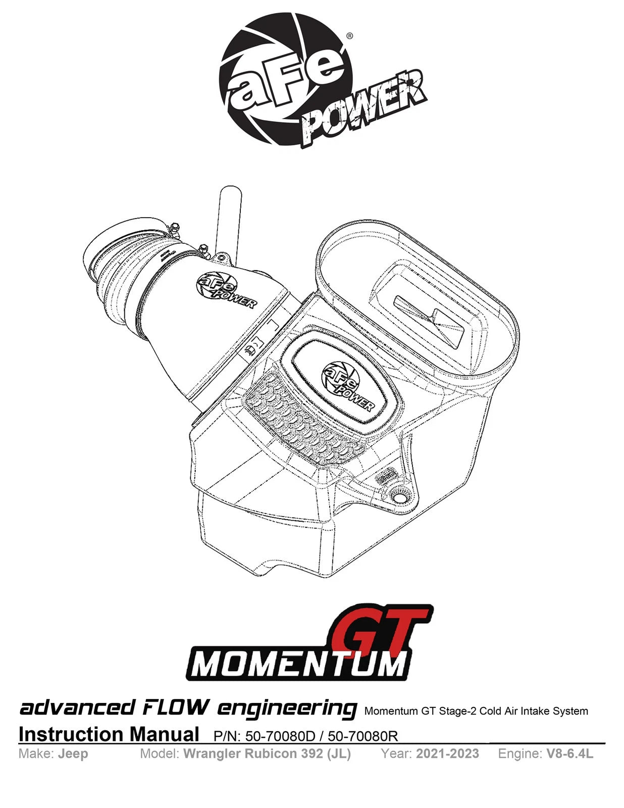 aFe 21 Jeep Wrangler 392 JL V8-6.4L Momentum GT Cold Air Intake System w/ Pro 5R Filter