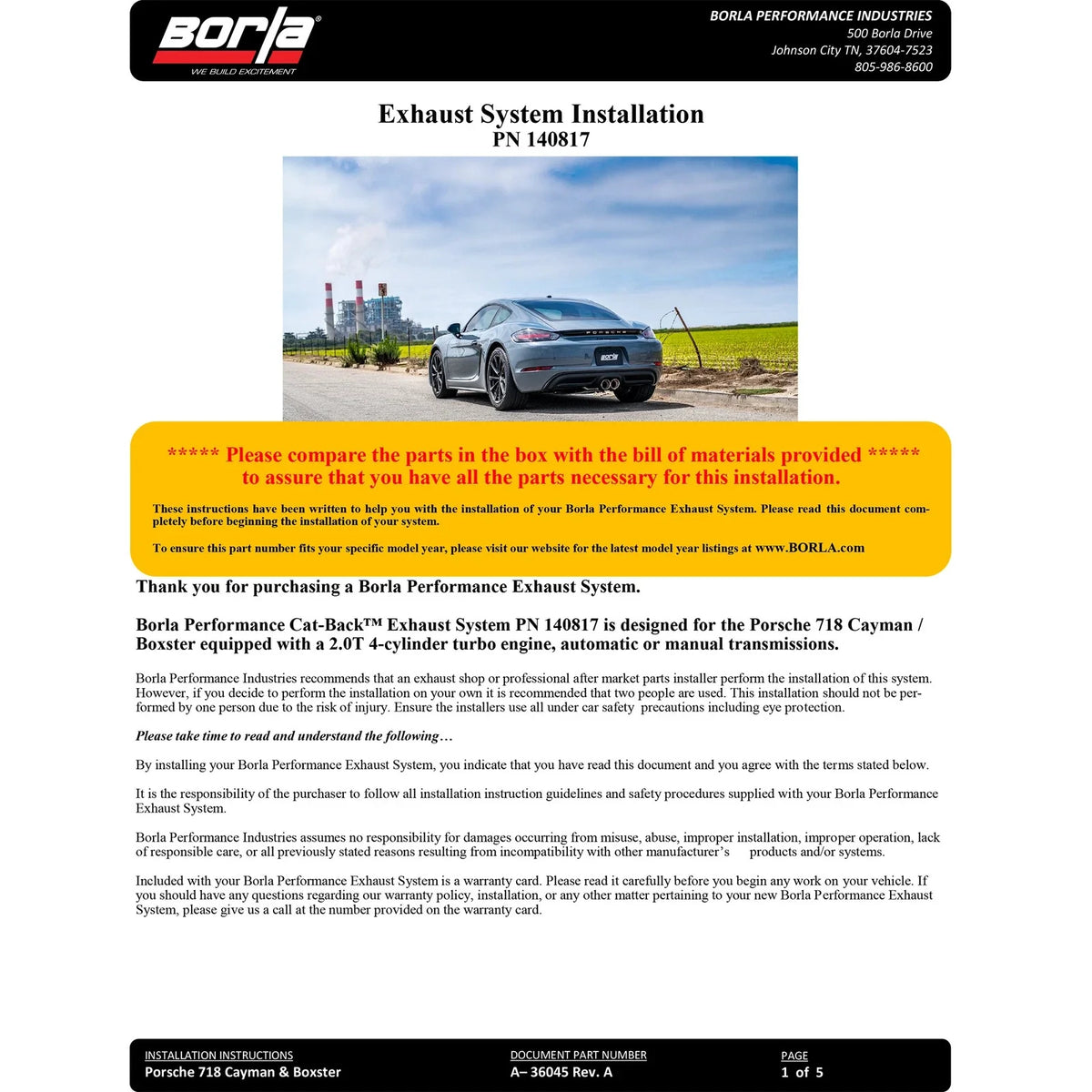 Borla 17-22 Porsche Cayman/Boxster 718 2.0L 4 Cyl. AT/MT RWD 2DR 2.25in S-Type Exhaust