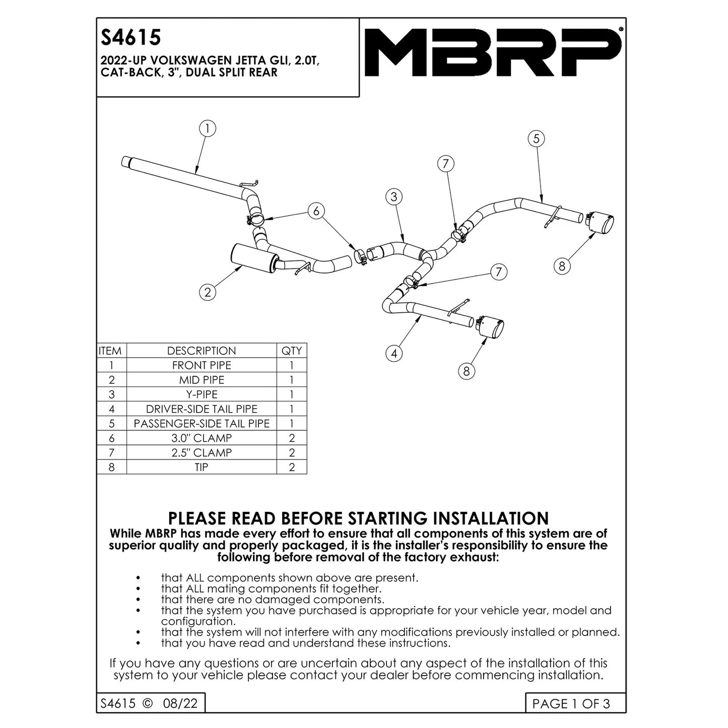 MBRP 2022 Volkswagen Jetta GLI 3in/2.5in Cat Back Dual Rear Exit - T304