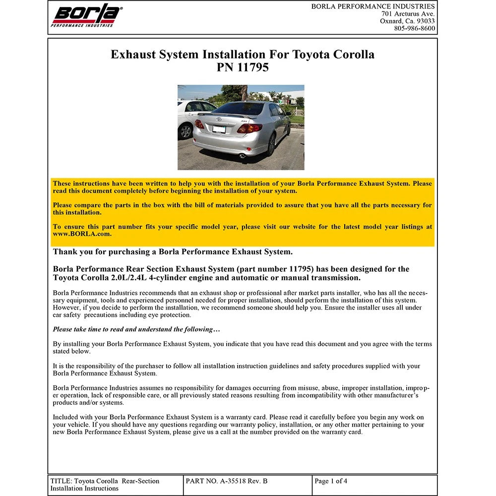 Borla 09-13 Toyota Corolla 1.8L/2.4L SS Exhaust (rear section only)