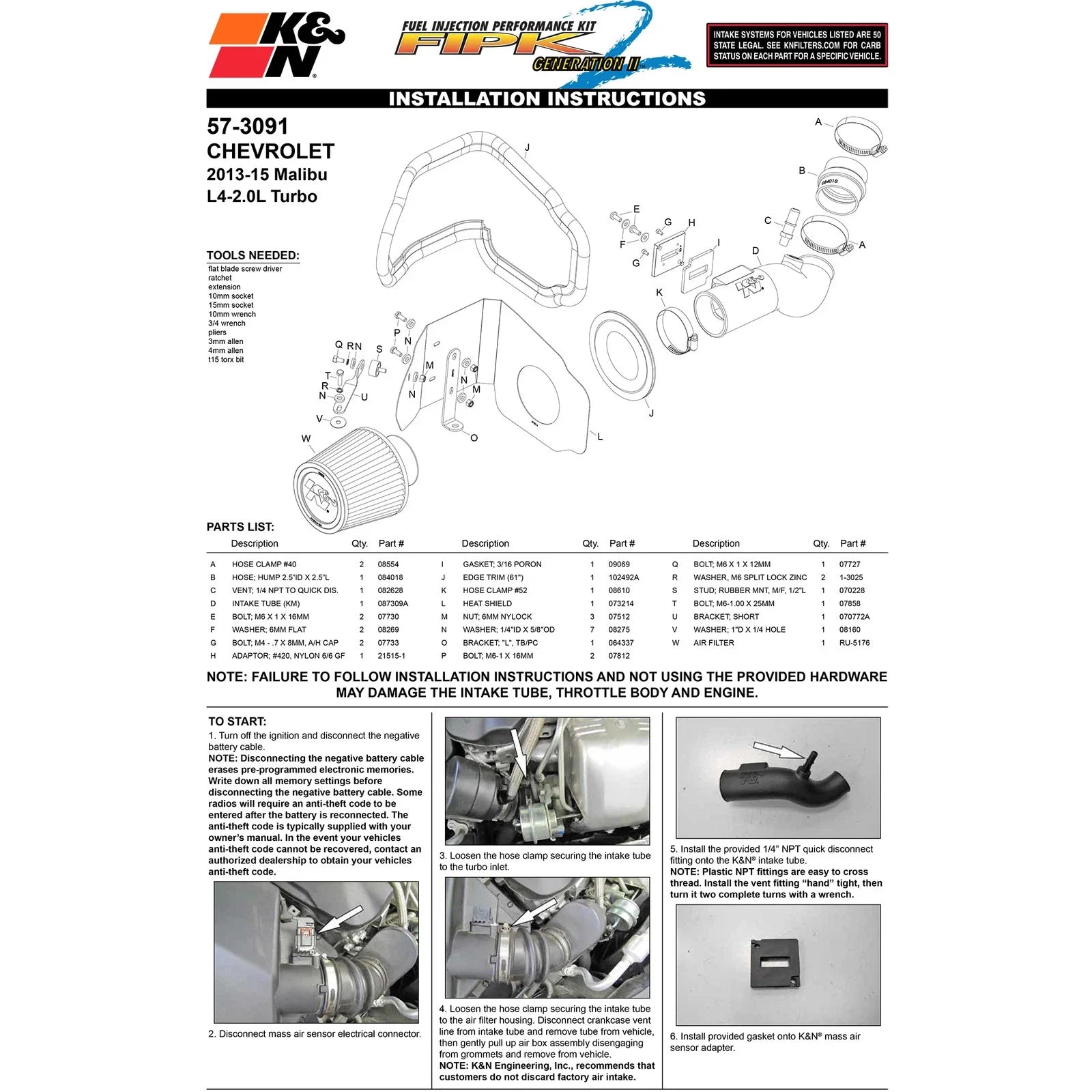 K&N 13-15 Chevrolet Malibu L4-2.0L 57 Series FIPK Performance Intake Kit