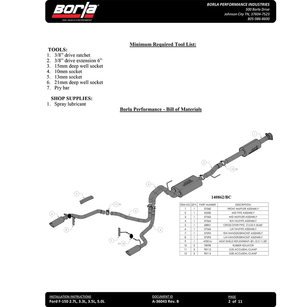 Borla F-150 2021 2.7L/3.5L 4dr CC SB EC STB Lari/King R/Plinum/LTD 3/2.25 SRE CB AK BLK CHR Tips