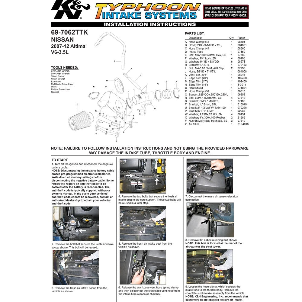 K&N 07-09 Nissan Altima 3.5L V6 Typhoon Short Ram Intake