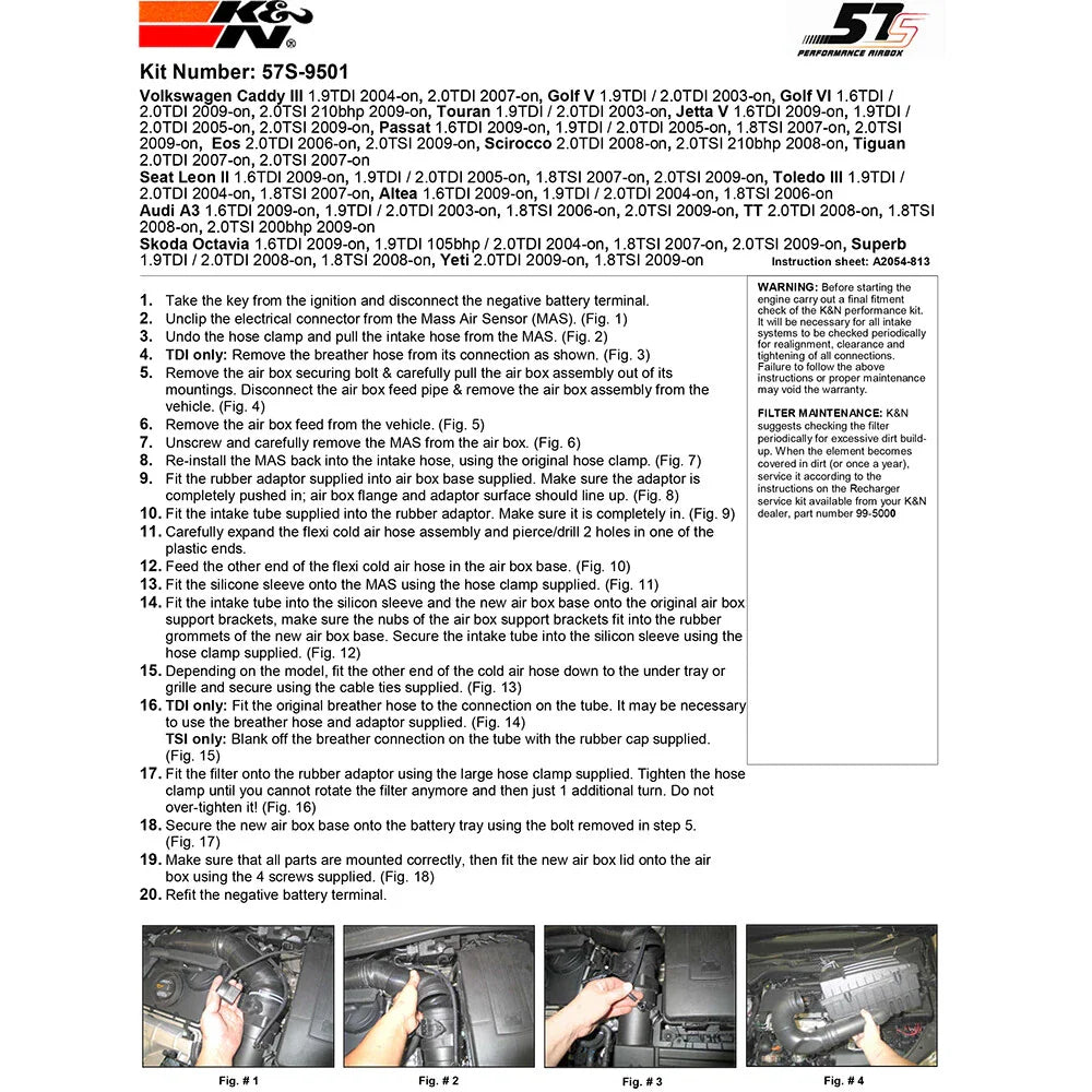 K&N Performance Intake Kit AUDI, SEAT, SKODA, VW 1.4L - 2.0L; 2005-ON