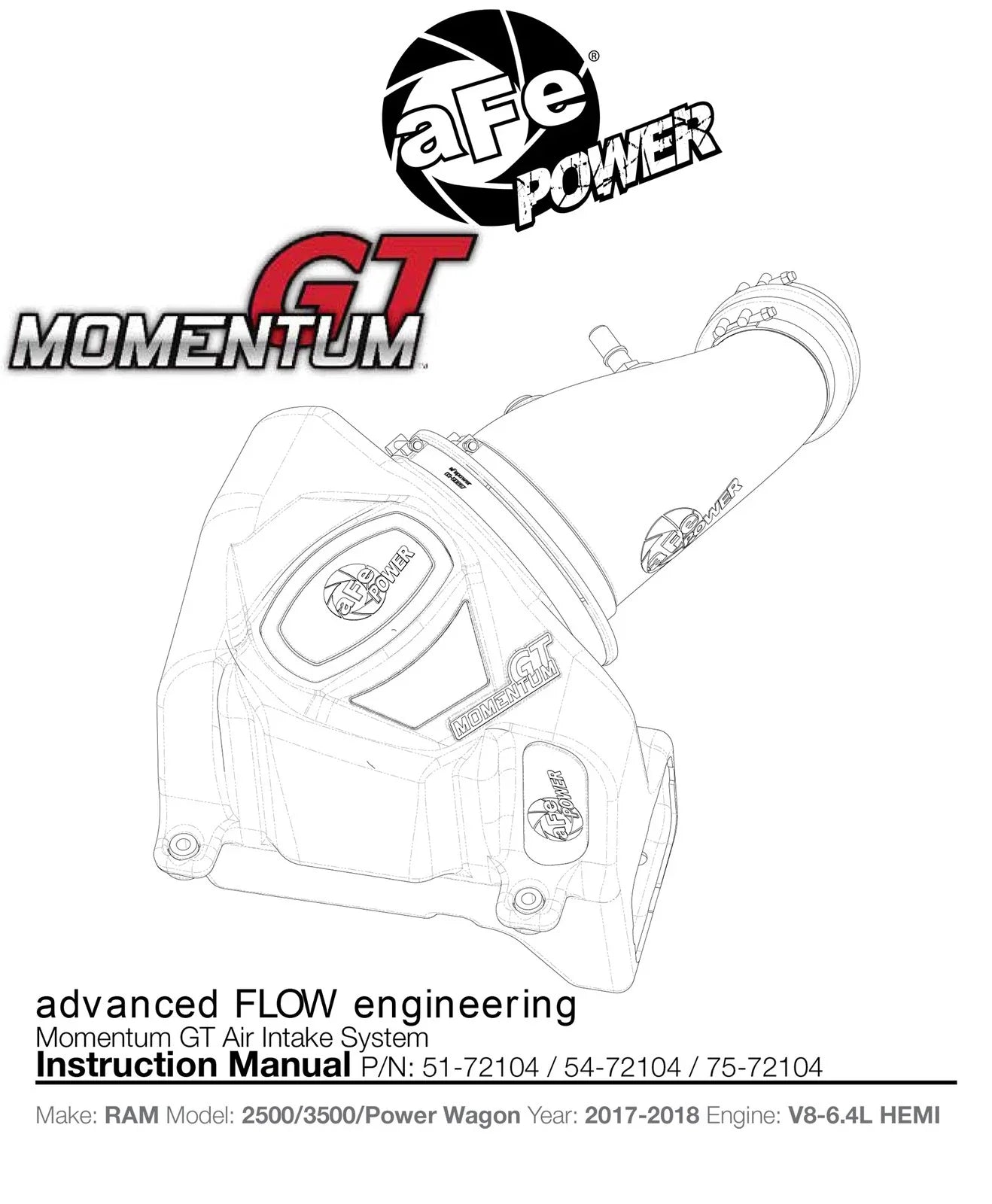 aFe Momentum GT Pro 5R Cold Air Intake System 2017 RAM 2500 Power Wagon V8-6.4L HEMI