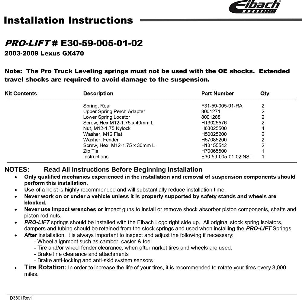 Eibach Pro-Lift Kit for 03-09 Lexus GX470 (Rear Springs Only) - 2.2in Rear