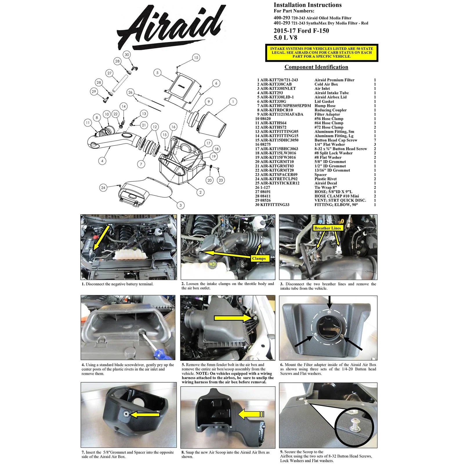 Airaid 2015 Ford F-150 5.0L V8 Cold Air Intake System w/ Black Tube (Oiled)