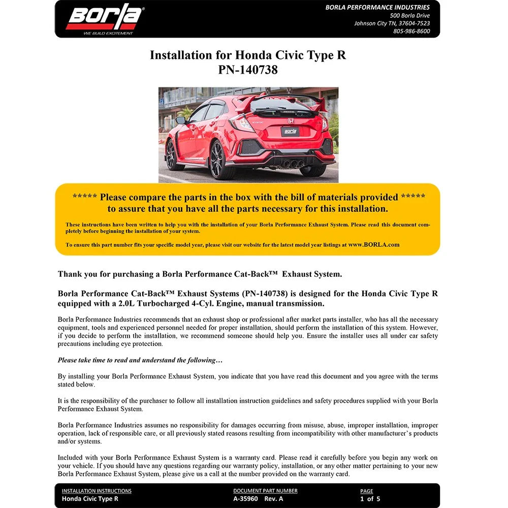 Borla 2017-2018 Honda Civic Type-R Cat-Back Exhaust