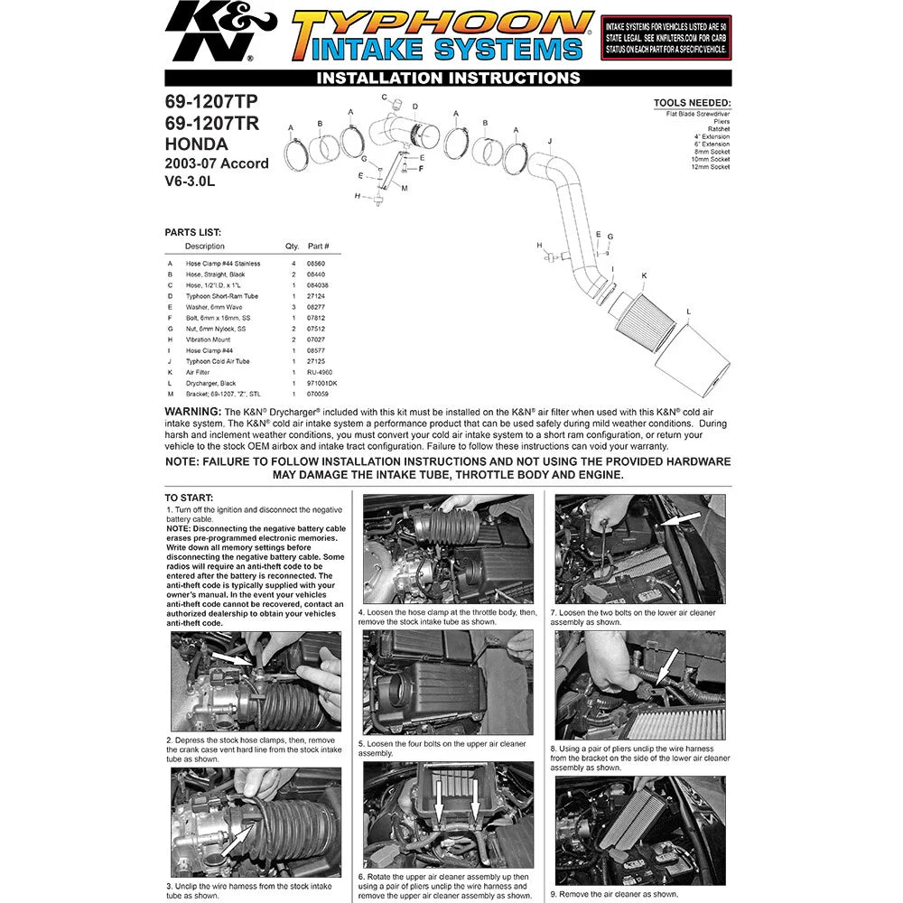 K&N 03-07 Honda Acord V6 Red Typhoon Short Ram Intake