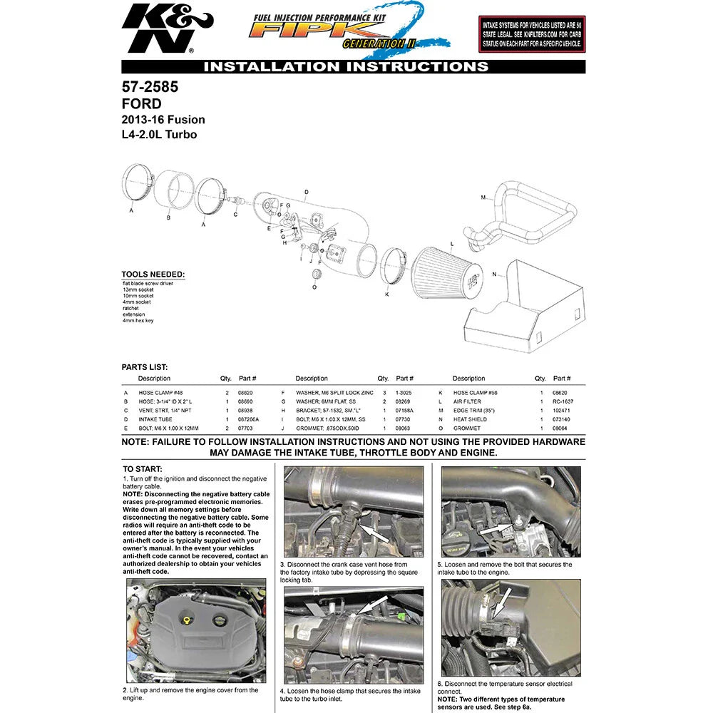 K&N 13-15 Ford Fusion 2.0L Performance Intake Kit