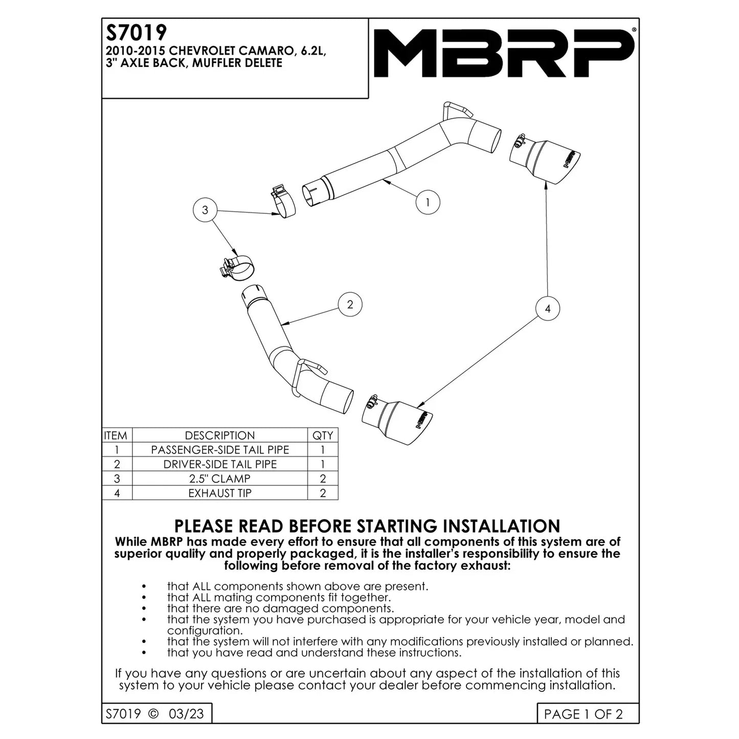 MBRP 2010-2015 Chevrolet Camaro V8 6.2L 3in Black Coated Axle Back Muffler Delete