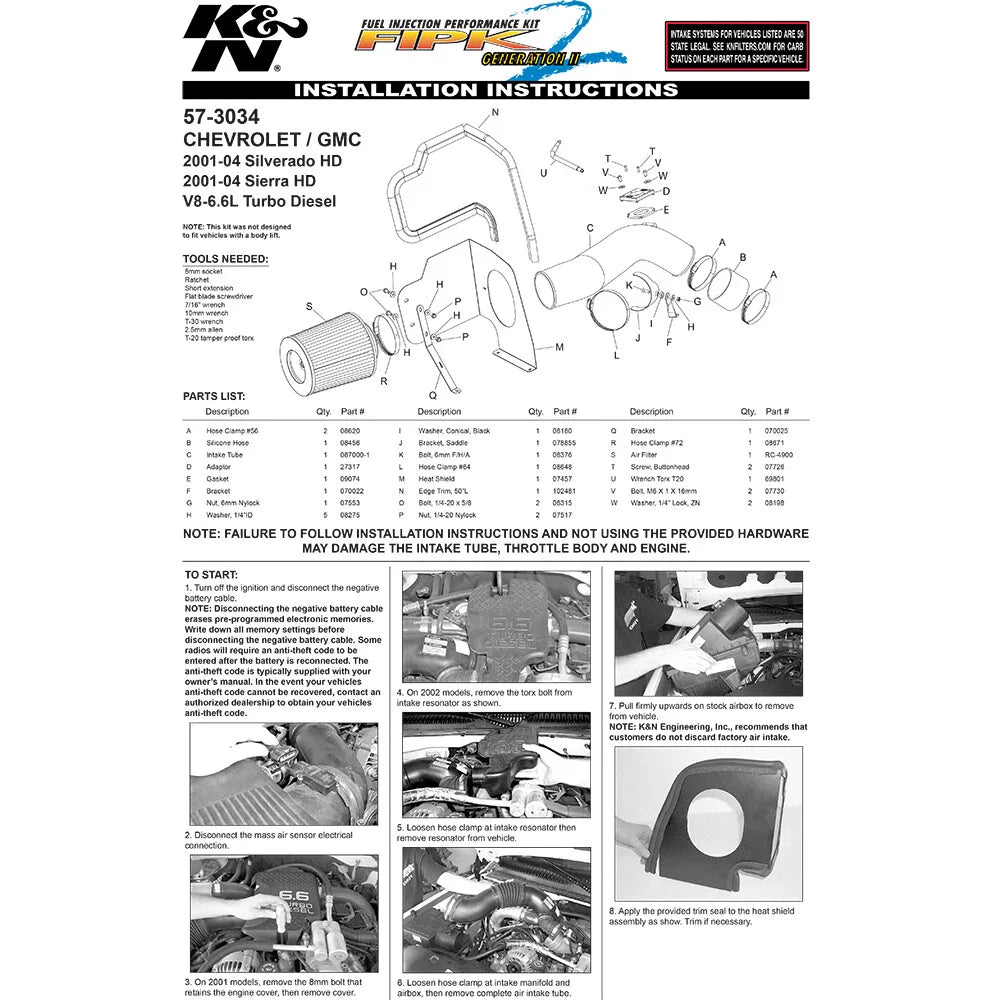 K&N 01-04 Chevy Silverado HD V8-6.6L Performance Intake Kit