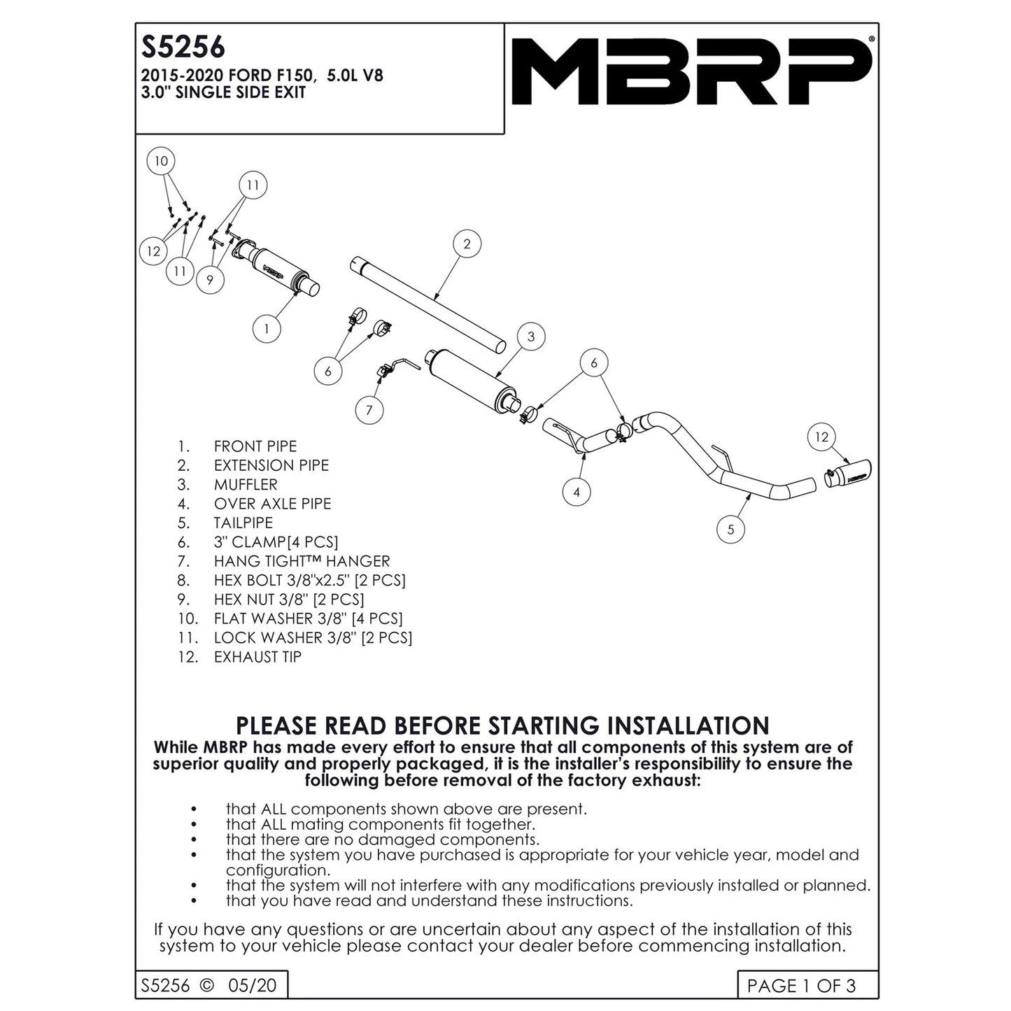 MBRP 15-20 Ford F-150 5.0L 3in Cat Back Single Side Exit Black Exhaust System