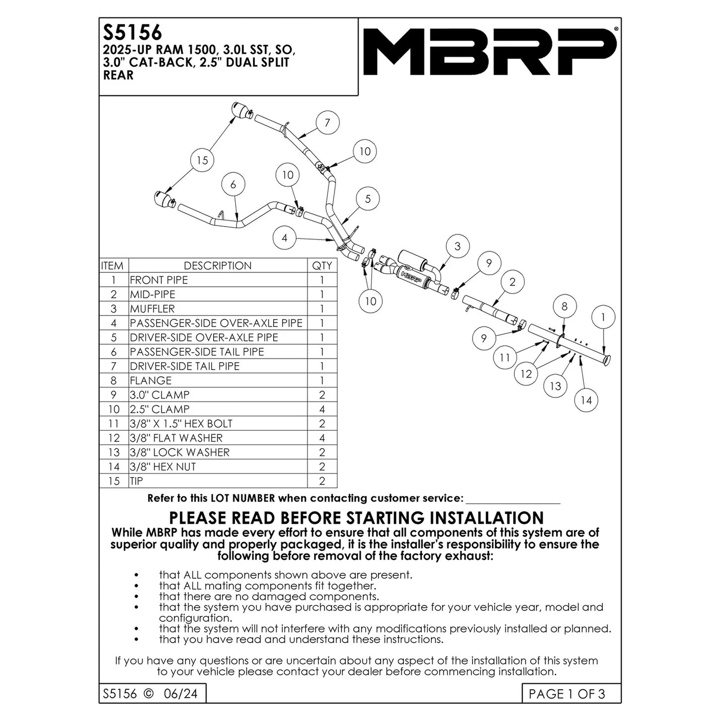 MBRP 2025+ RAM 1500 3.0L Pro Series 3.0in Cat-Back Dual Rear Exit Exhaust - T304 Stainless