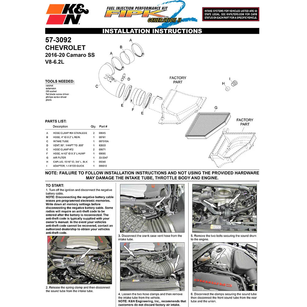 K&N 16-19 Chevrolet Camaro V8-6.2L Performance Intake Kit
