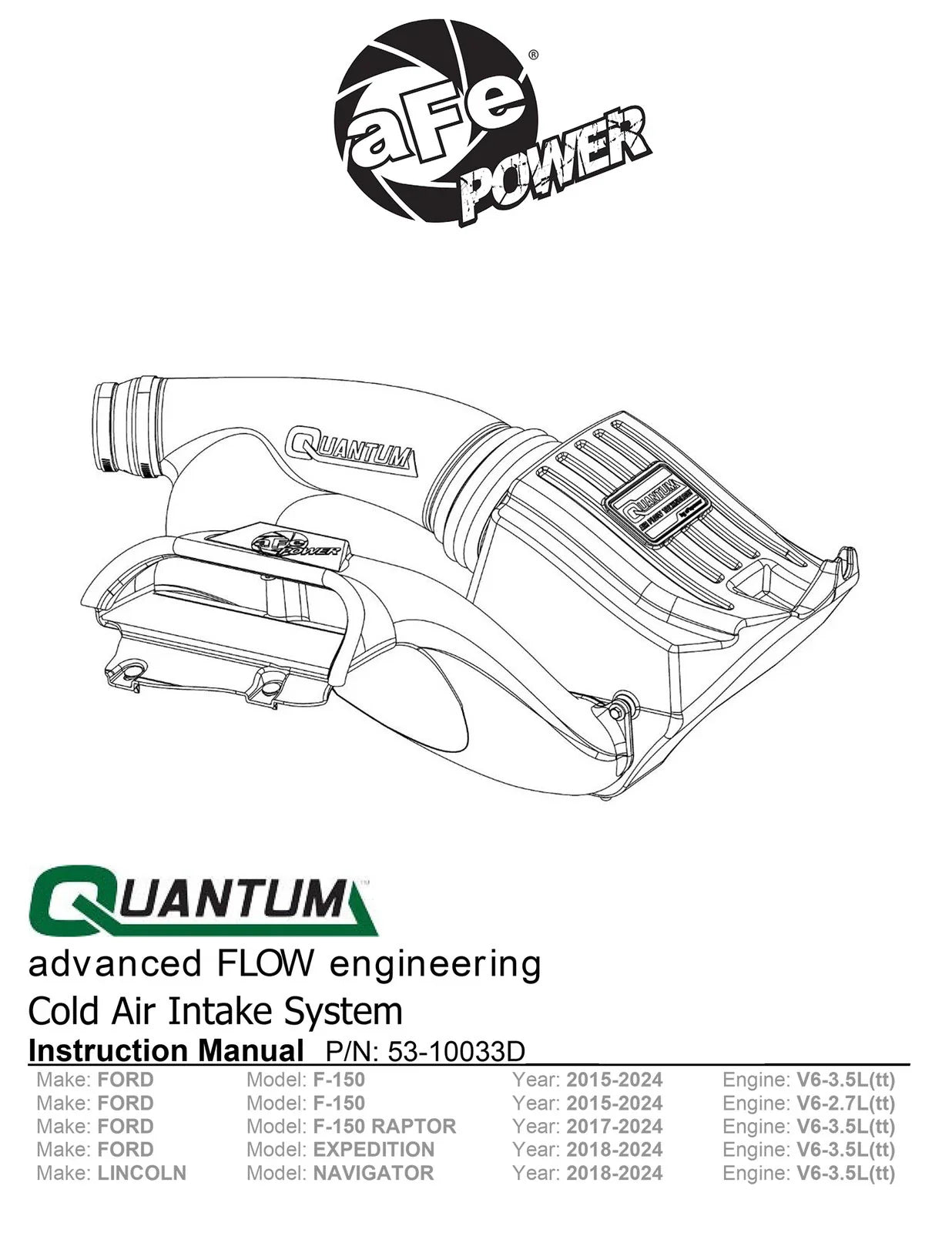 aFe 15-24 Ford F-150 EcoBoost V6 2.7L/3.5L (tt) Quantum Cold Air Intake System w/ Pro DRY S Filter