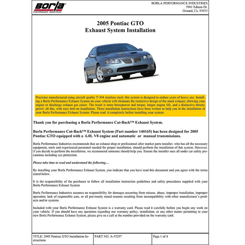 Borla 05-06 Pontiac GTO Coupe 2dr 6.0L 8cyl AT/MT 4spd/6spd RWD SS Catback Exhaust w/ inXin Pipe
