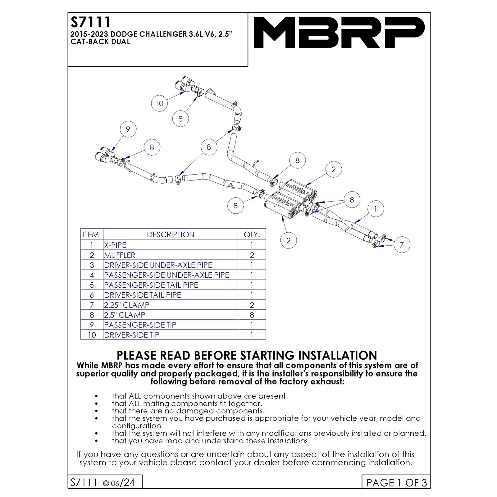 MBRP 2015+ Dodge Challenger 3.6L SS 2.5in Quad Tip Split Rear Exit w/ Carbon Fiber Tips - T304