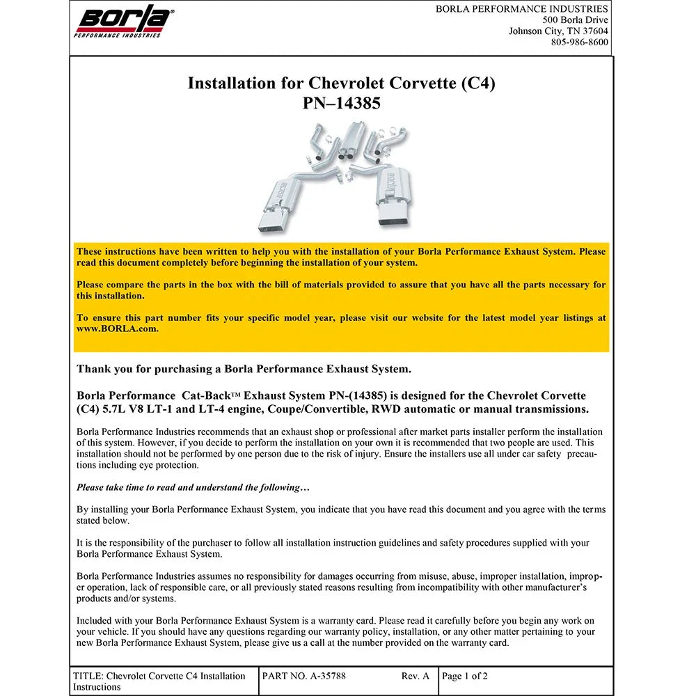 Borla 92-96 Chevrolet Corvette Hatchback/Conv 5.7L 8cyl 4/6 Spd Touring SS Catback Exhaust