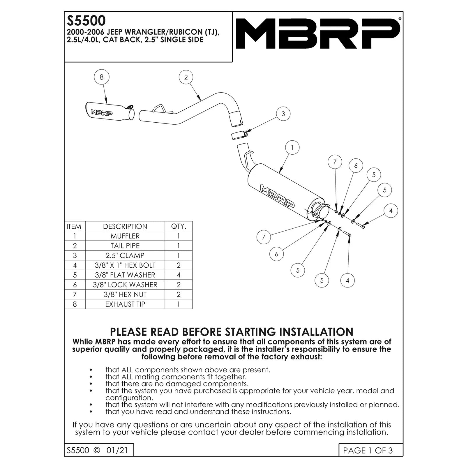 MBRP 2000-2006 Jeep Wrangler (JK) Inline-4 2.5L Inline-6 4.0L Cat Back Single Side