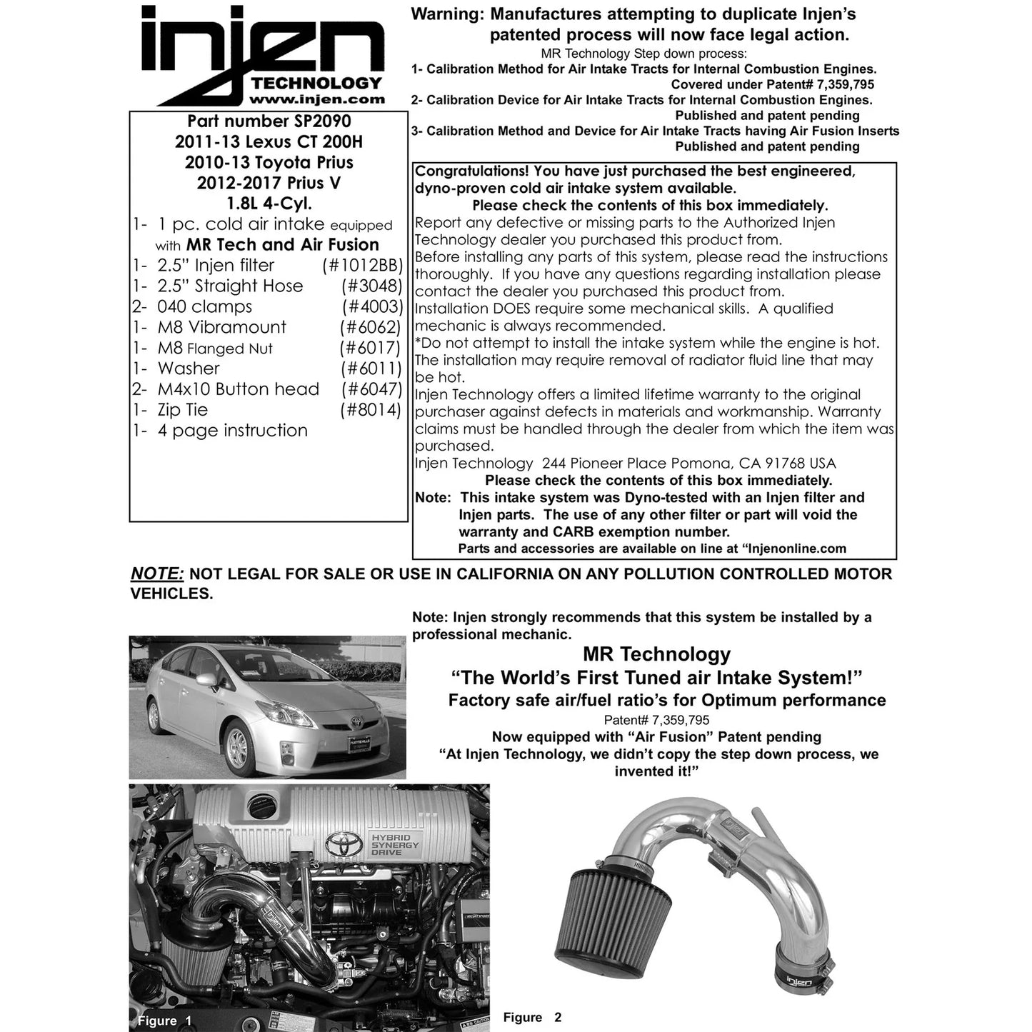 Injen 10-13 Toyota Prius 1.8L 4cyl / 11-13 Lexus CT 200H Hybrid Blk C/A Intake w/ MR Tech/Air Fusion