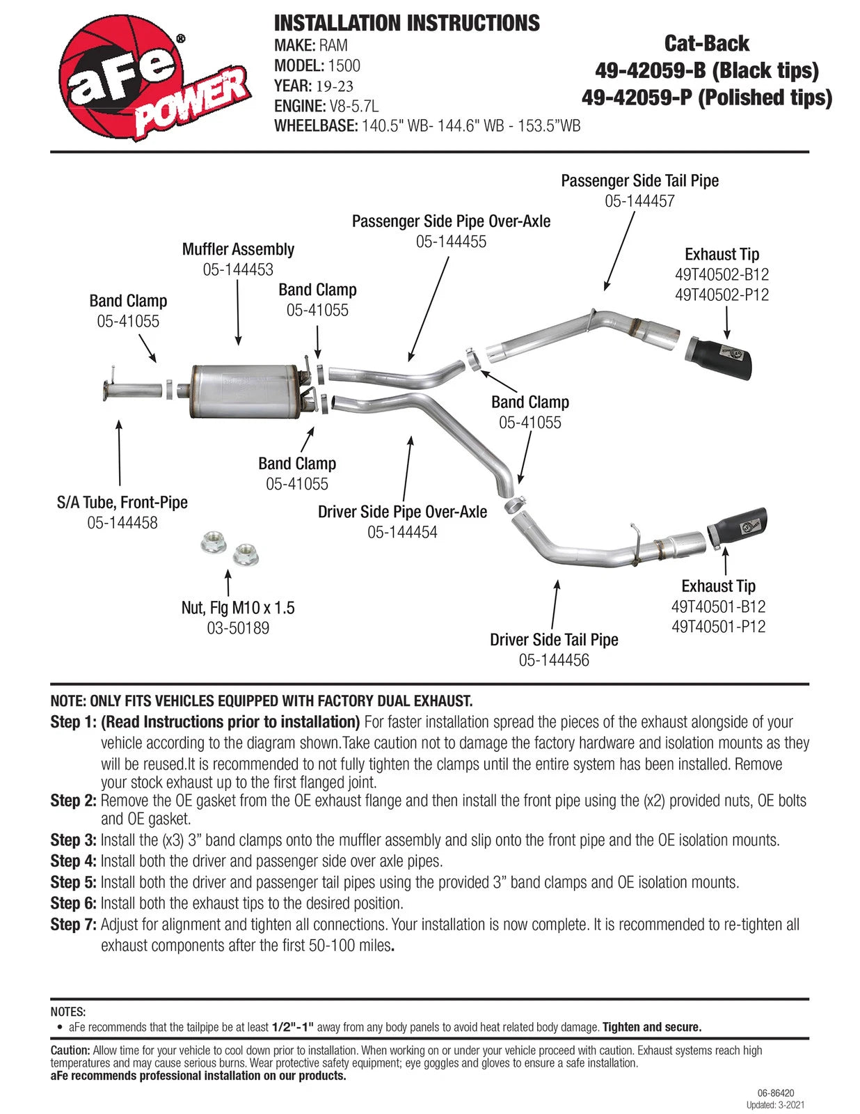 aFe MACH Force-Xp 3in 409 SS Cat-Back Exhaust 2019 RAM 1500 V8-5.7L w/ Black Tip