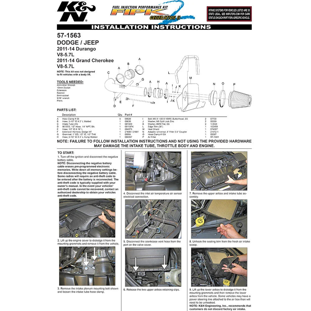 K&N 11-14 Jeep Grand Cherokee 5.7L V8 Performance Intake Kit