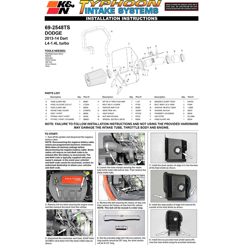 K&N 13-14 Dodge Dart 1.4L Silver Typhoon Performance Intake