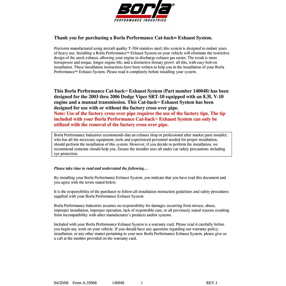 Borla 03-08 Viper SRT-10 8.3L SS Catback Exhaust
