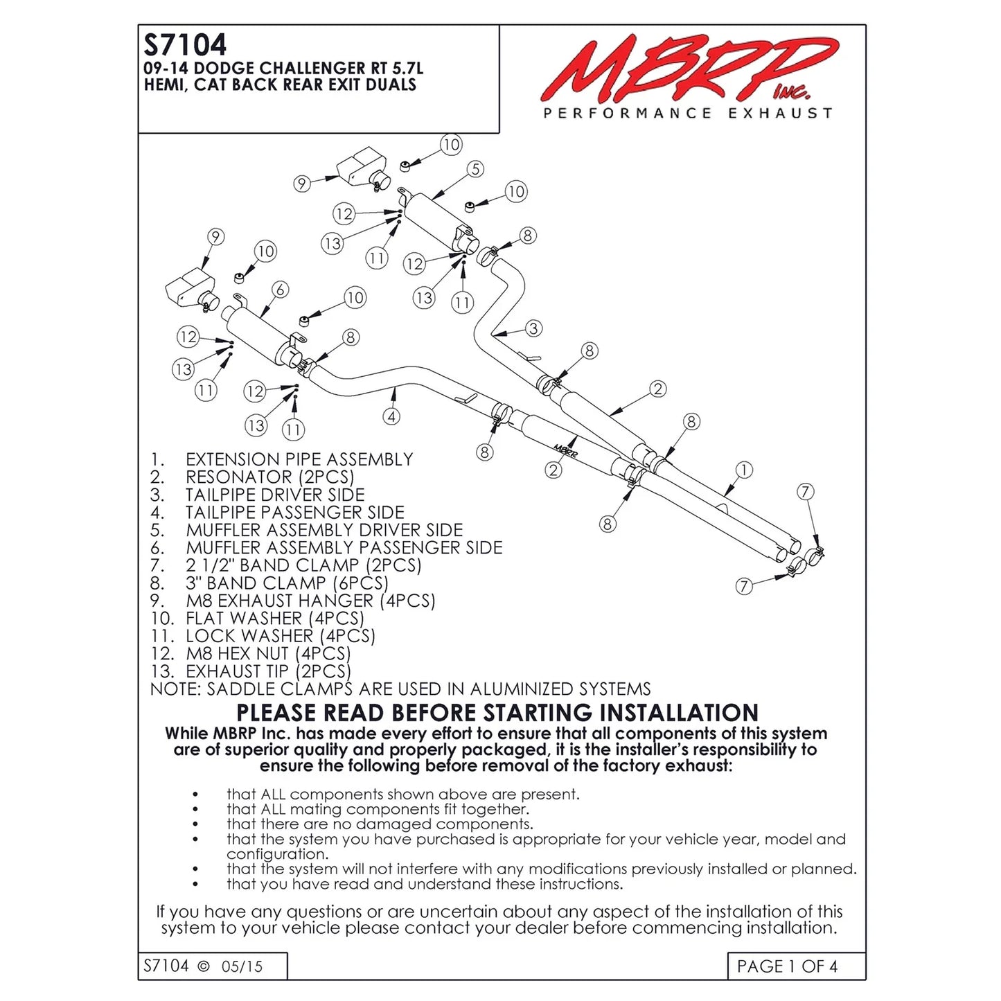 MBRP 2009 Dodge Challenger RT 5.7L Hemi Cat Back Cool Duals