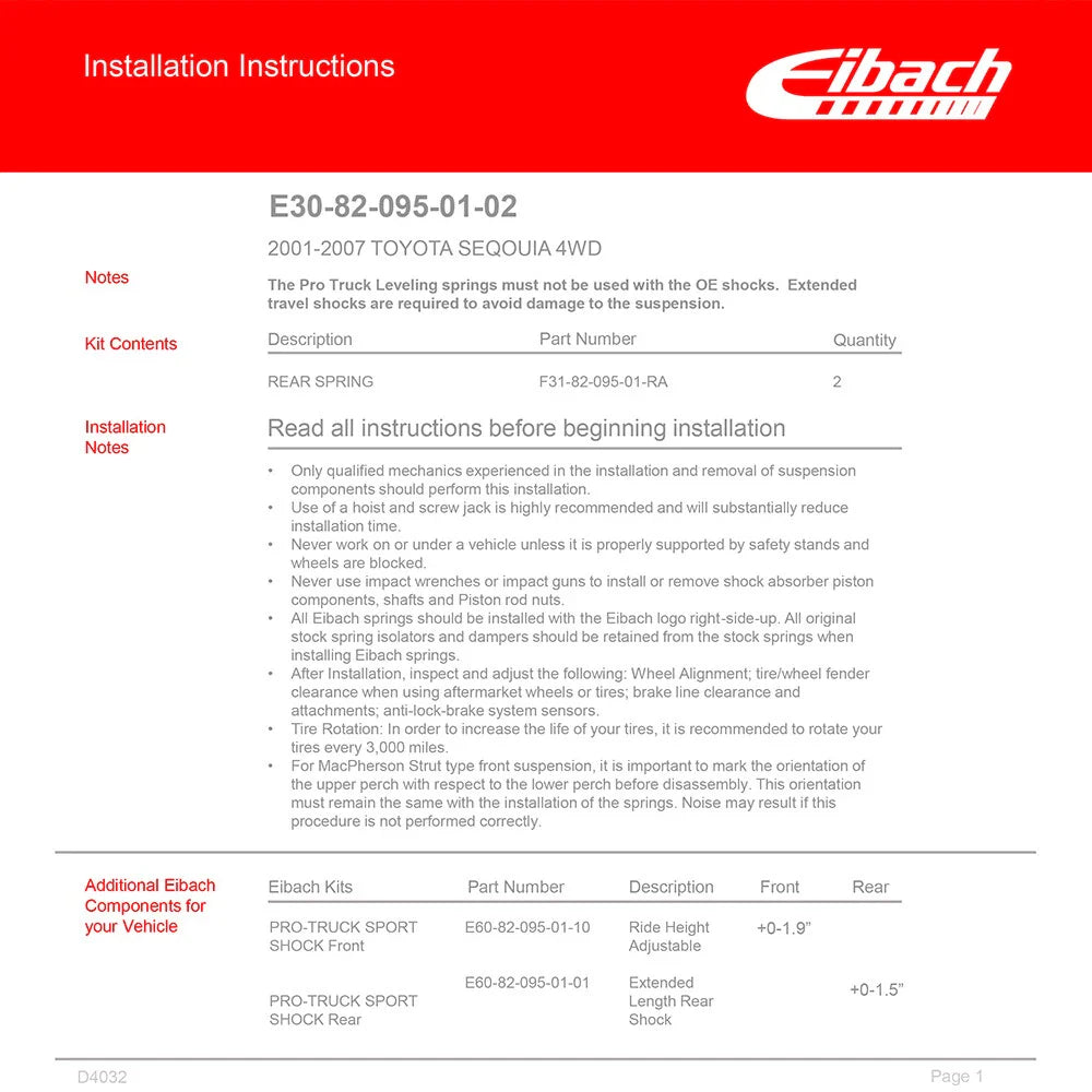 Eibach 01-07 Toyota Sequoia SUV 4WD Pro-Lift Kit Rear Springs Only - Set of 2
