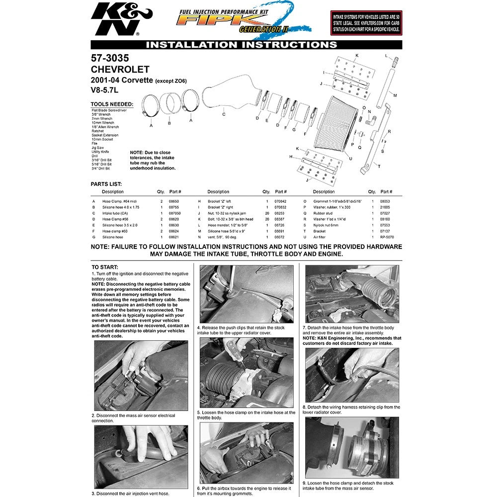 K&N 01-04 Chevy Corvette V8-5.7L Performance Intake Kit