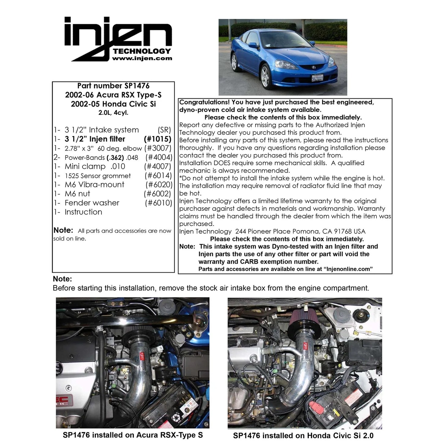 Injen 02-05 Civic Si / 02-06 RSX Type S Black Short Ram Intake