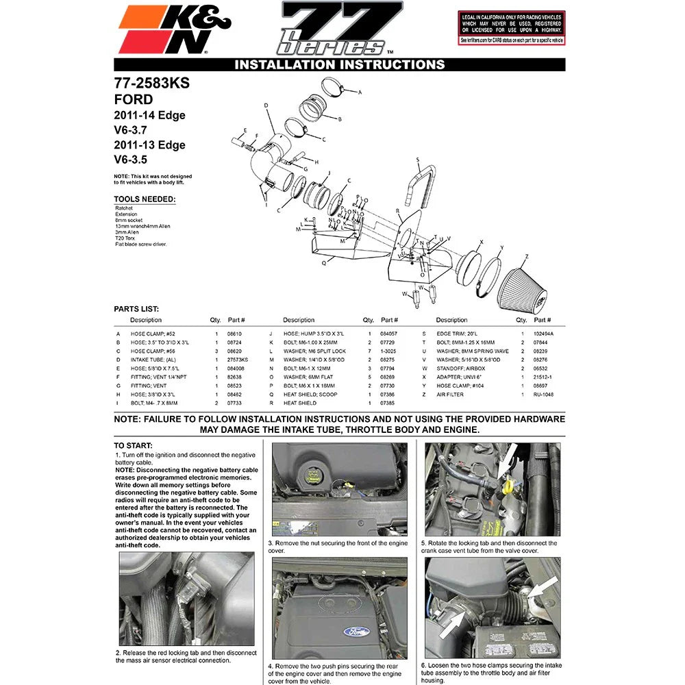 K&N 11-13 Ford Edge 3.5/3.7L-V6 Silver High Flow Performance Kit