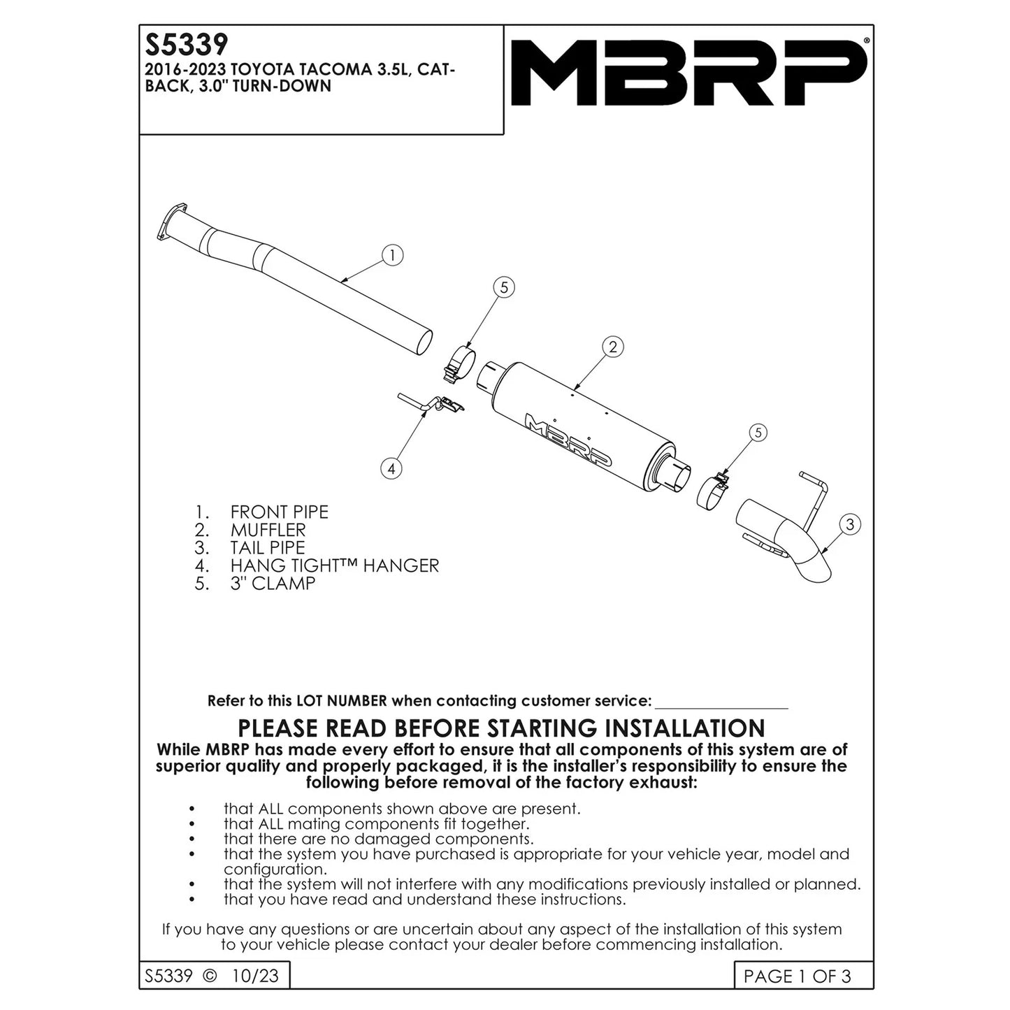 MBRP 2016 Toyota Tacoma 3.5L Cat Back Turn Down Style Aluminized Exhaust System