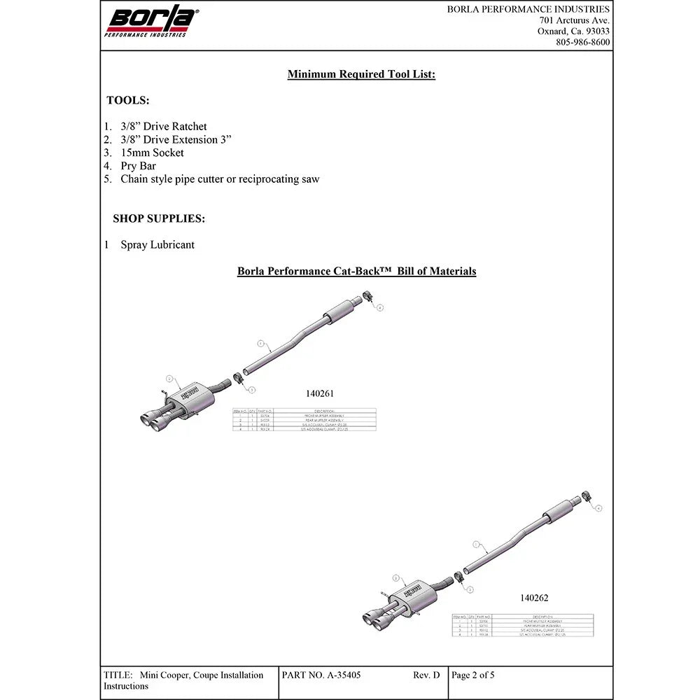 Borla 07-14 Mini Cooper S / Coupe S 1.6L Turbo FWD AT/MT Catback Exhaust