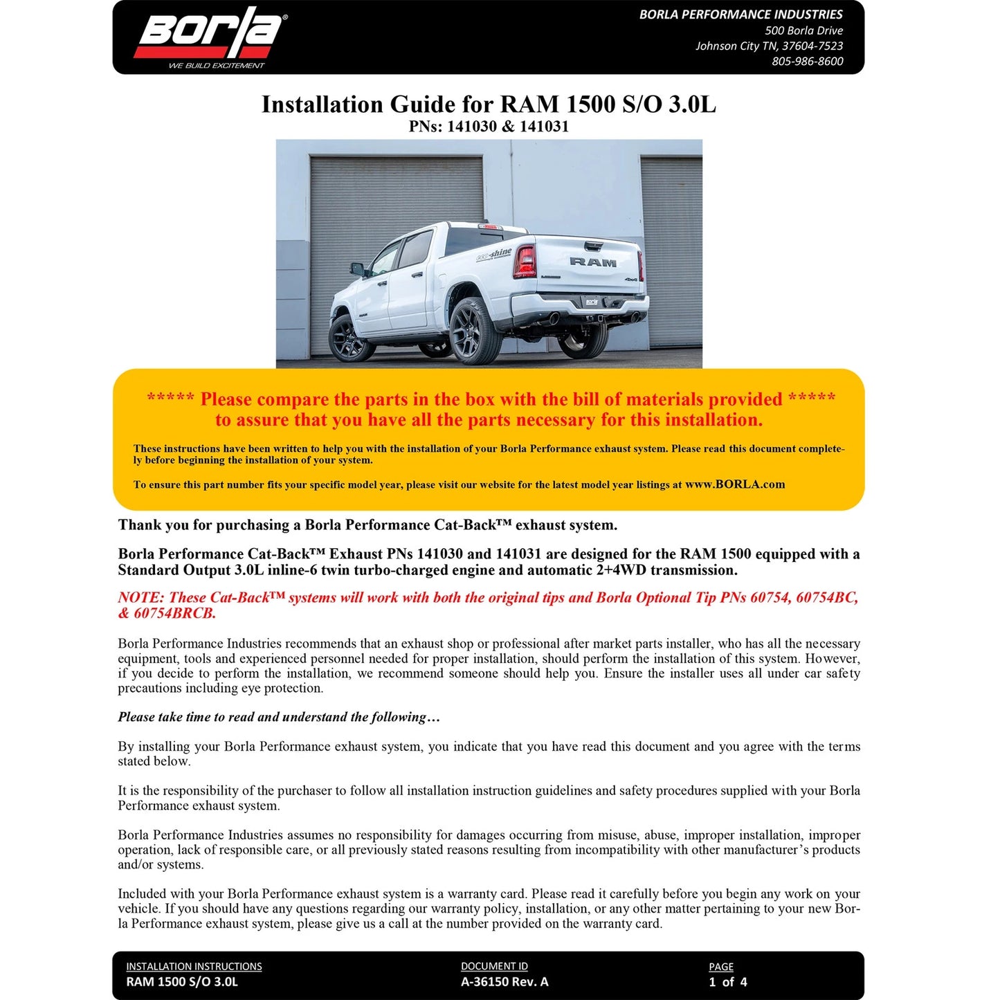 Borla 24-25 RAM 1500 3.0L V6 (Except H/O) S-Type Catback Exhaust