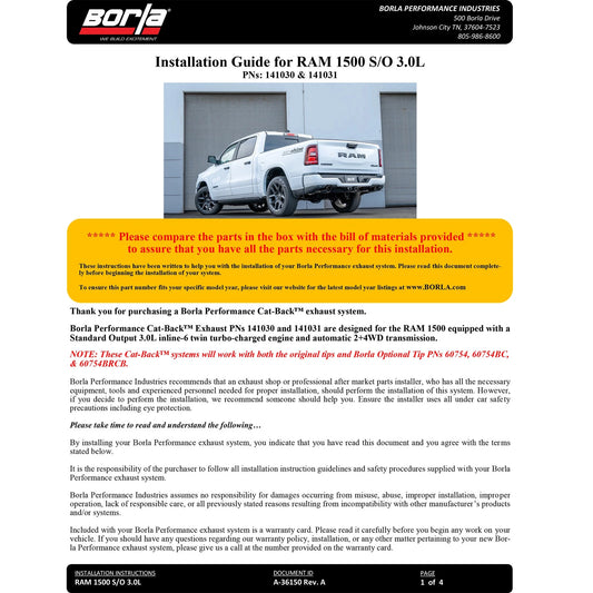 Borla 24-25 RAM 1500 3.0L V6 (Except H/O) S-Type Catback Exhaust
