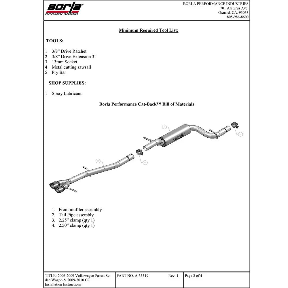 Borla 07-12 VW Passat / CC 2.0L AT/MT FWD Sport SS Catback Exhaust