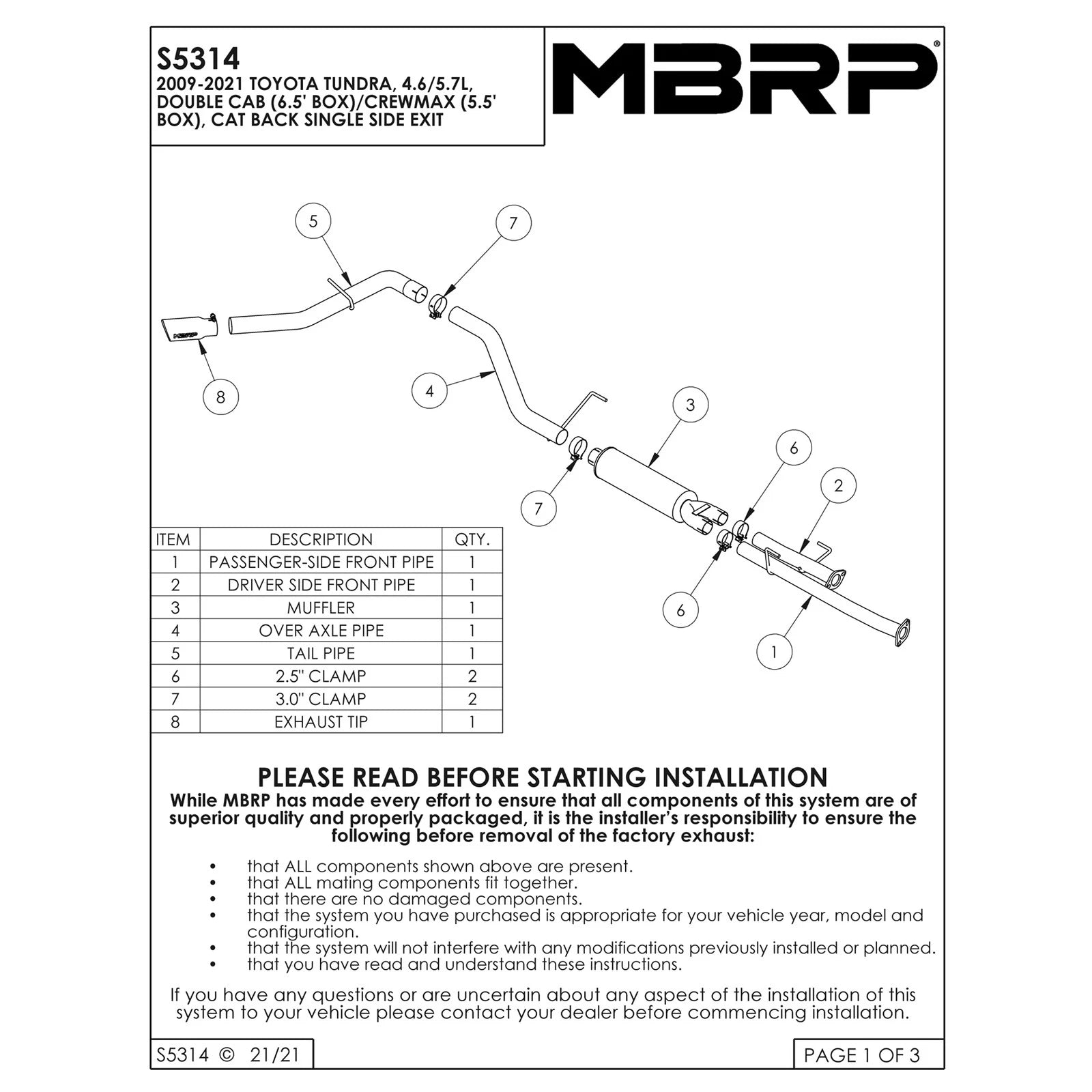 MBRP 2009-2014 Toyota Tundra 5.7L EC-Std. & SB/CC-SB 3in Cat-Back Single Side AL - Black