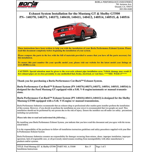 Borla 2011-2012 Mustang GT 5.0L 8cyl 6spd RWD Aggressive ATAK Catback Exhaust