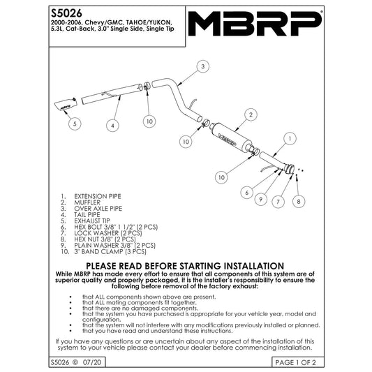MBRP 2000-2006 Chev/GMC Tahoe/Yukon 5.3L Cat Back Single Side