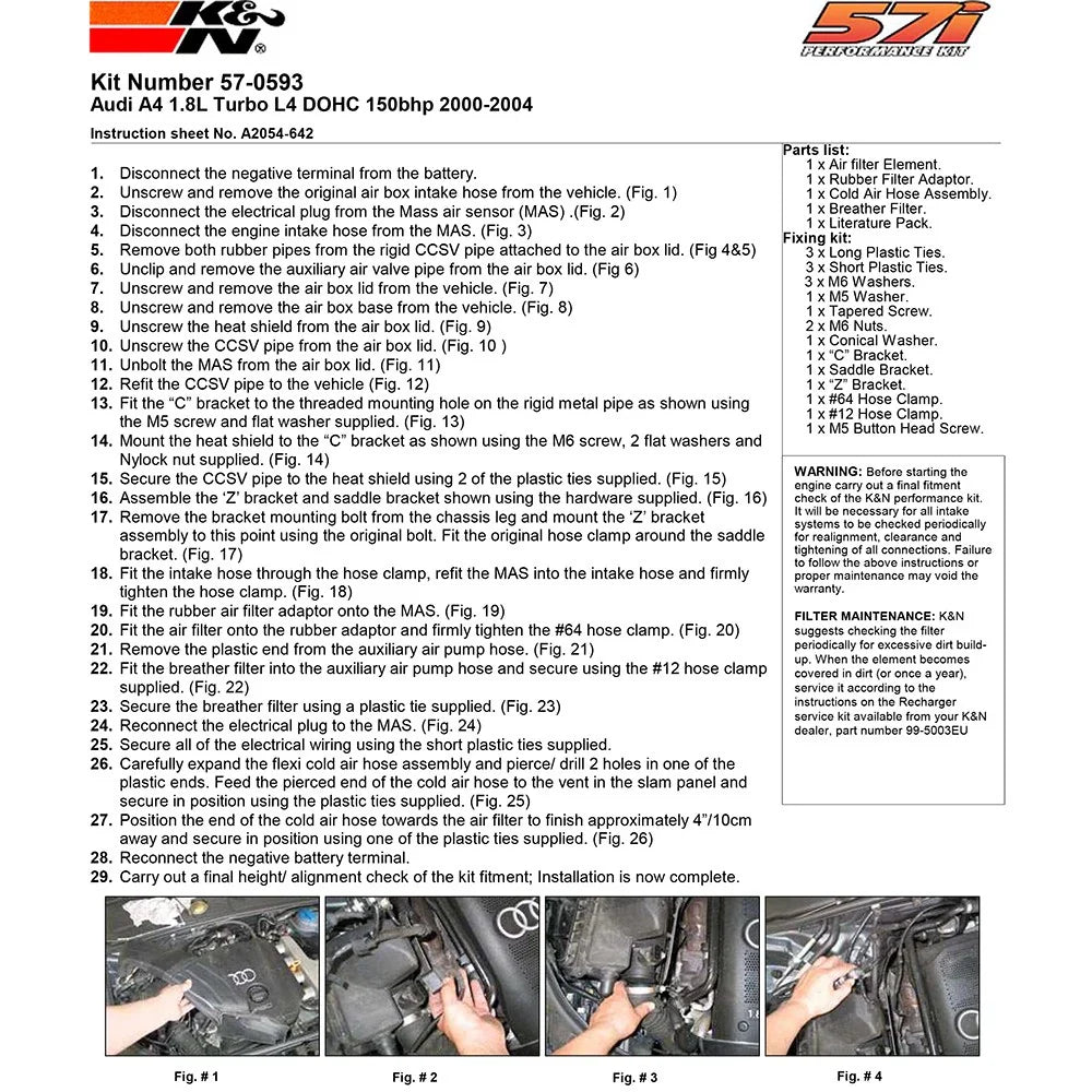 K&N Audi A4 1.8L Turbo 150BHP Performance Intake Kit