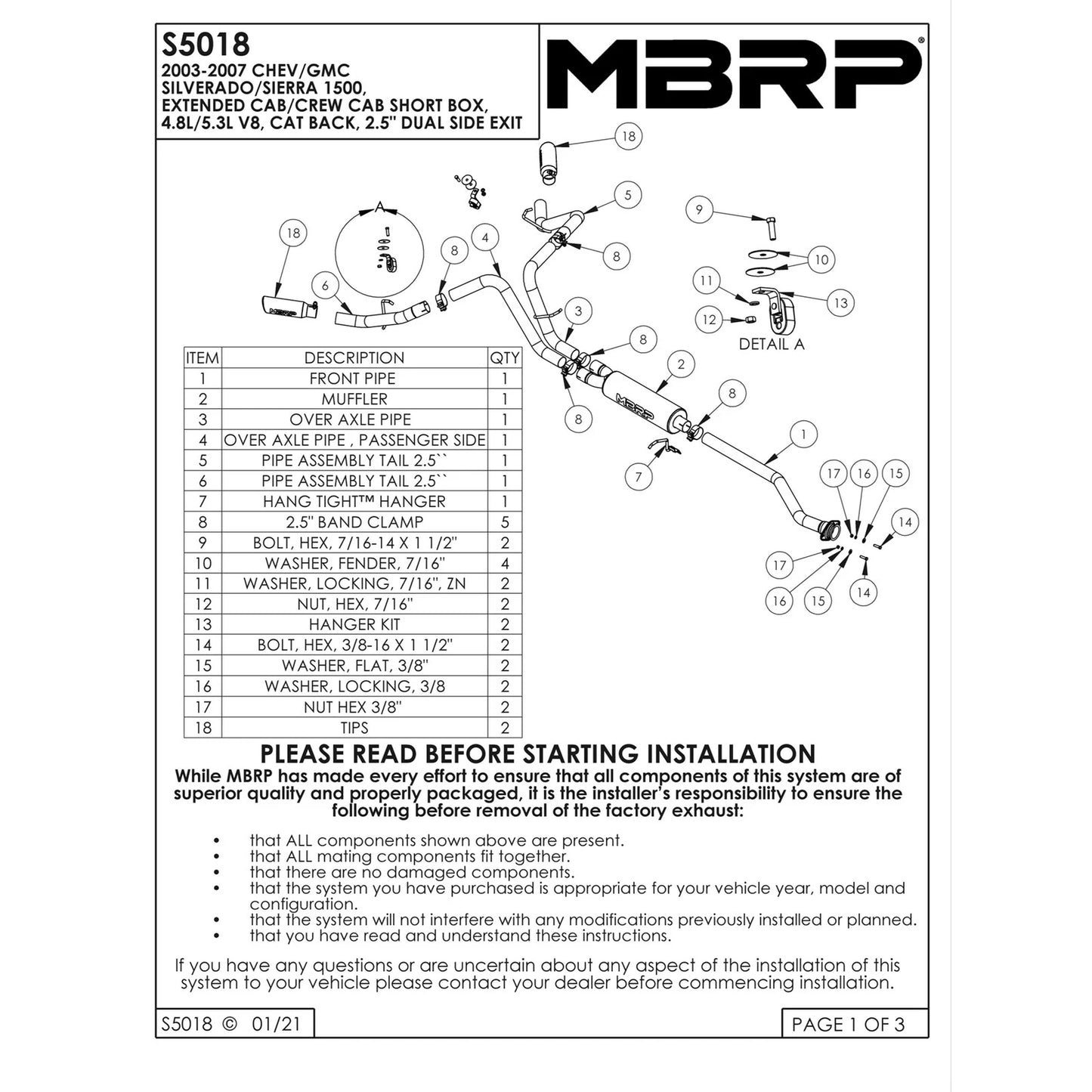 MBRP 2003-2007 Chev/GMC 1500 Classic 4.8/5.3L EC/CC-SB Cat Back Dual Split Side